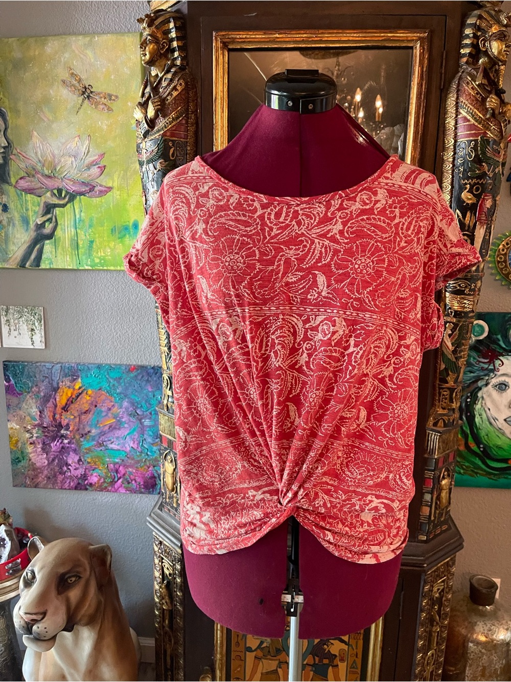 Lucky Brand Coral-Red Floral Twist Front Short Sleeve Tee